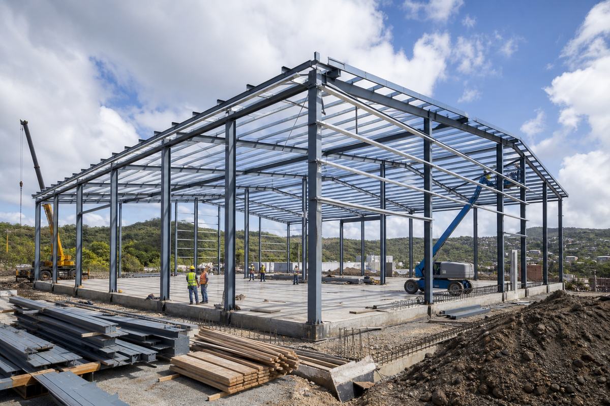 Realistic placeholder photo of a steel frame warehouse construction project